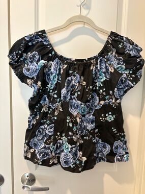 Pinup Couture Black Off-Shoulder Top with Blue Rose Floral Print